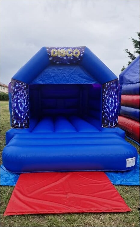 Blue Disco themed covered bouncy castle